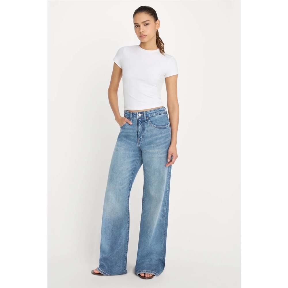 Good American Good Ease Relaxed Jeans Women’s 12/31 Blue Mid Rise Wide Leg 34”